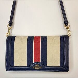 Coach Anna Foldover Clutch Crossbody Bag Cream and Red/Navy Stripe EUC!